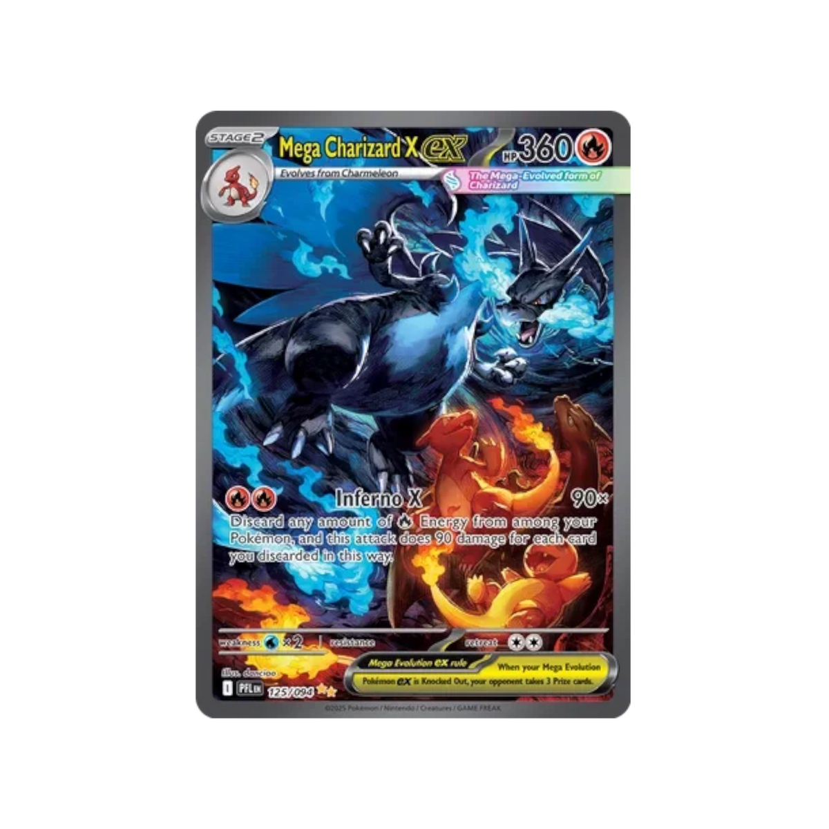 Fortuna TCG Mega Charizard X EX 125/094 card from the Phantasmal Flames set featuring blue and orange flames