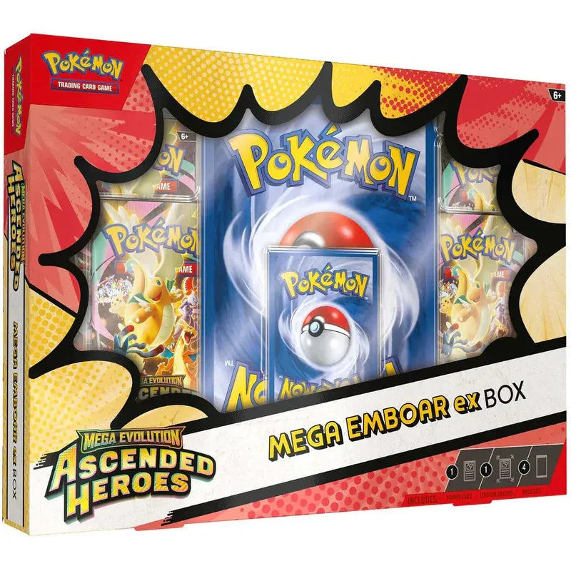 Pokémon TCG English Mega Evolution Ascended Heroes ME02.5 Collection Box 4 Booster Packs New Sealed emboar